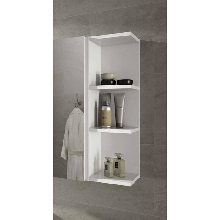 Mobile Pensile Bagno Tacoma, Mobile colonna sospeso per bagno, Armadietto ad angolo con 3 ripiani aperti, cm 20x20h65, Bianco