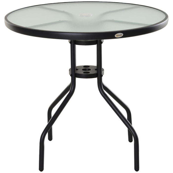 Mesa de Jardín Redonda Mesa Comedor de Cristal Templado con Agujero para Sombrilla y Estructura Metálica para Patio Terraza Balcón Exterior Ø80x72 cm Negro