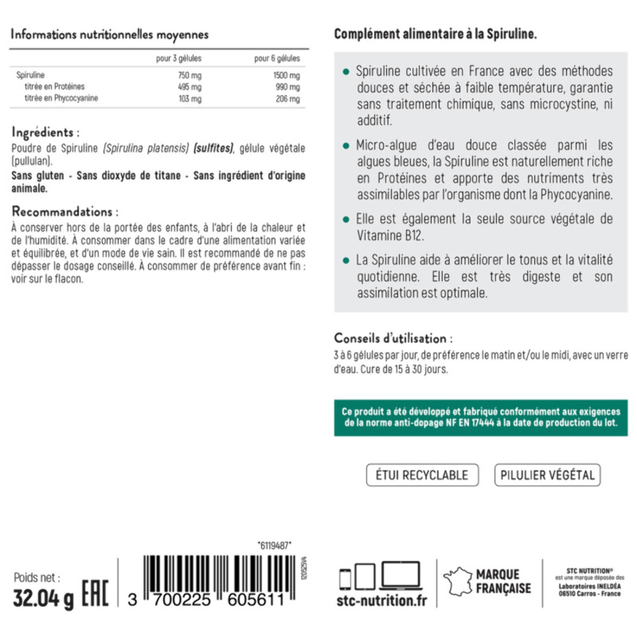 STC NUTRITION - Spiruline 1500 - Complément Alimentaire à Base de Spiruline 100% Française - Qualité Ultra-Pure - Riche en Protéines - Teneur Garantie en Phycocyanines et Chlorophylle - 90 Gélules