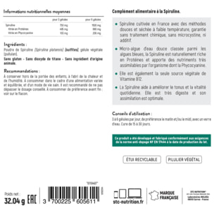 STC NUTRITION - Spiruline 1500 - Complément Alimentaire à Base de Spiruline 100% Française - Qualité Ultra-Pure - Riche en Protéines - Teneur Garantie en Phycocyanines et Chlorophylle - 90 Gélules