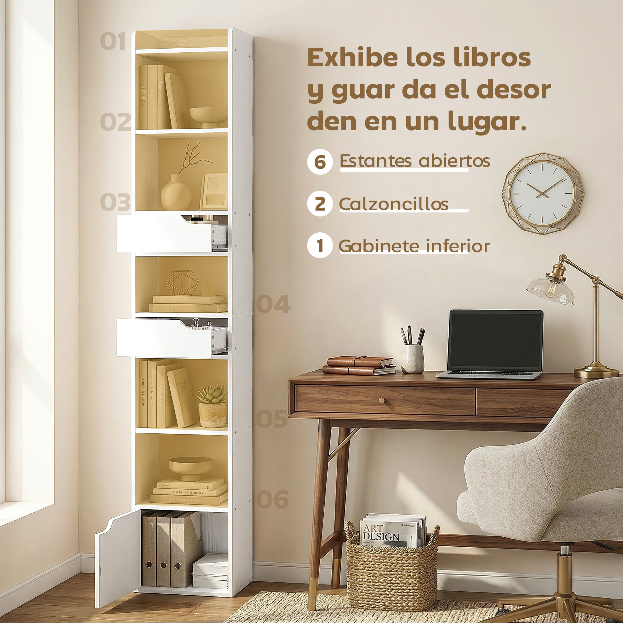 Estantería para Libros con 2 Cajones y Puerta, Librería Estrecha con 6 Estantes Abiertos, Armario Alto para Salón, Estudio, Oficina, 32x24x181,5 cm, Blanco