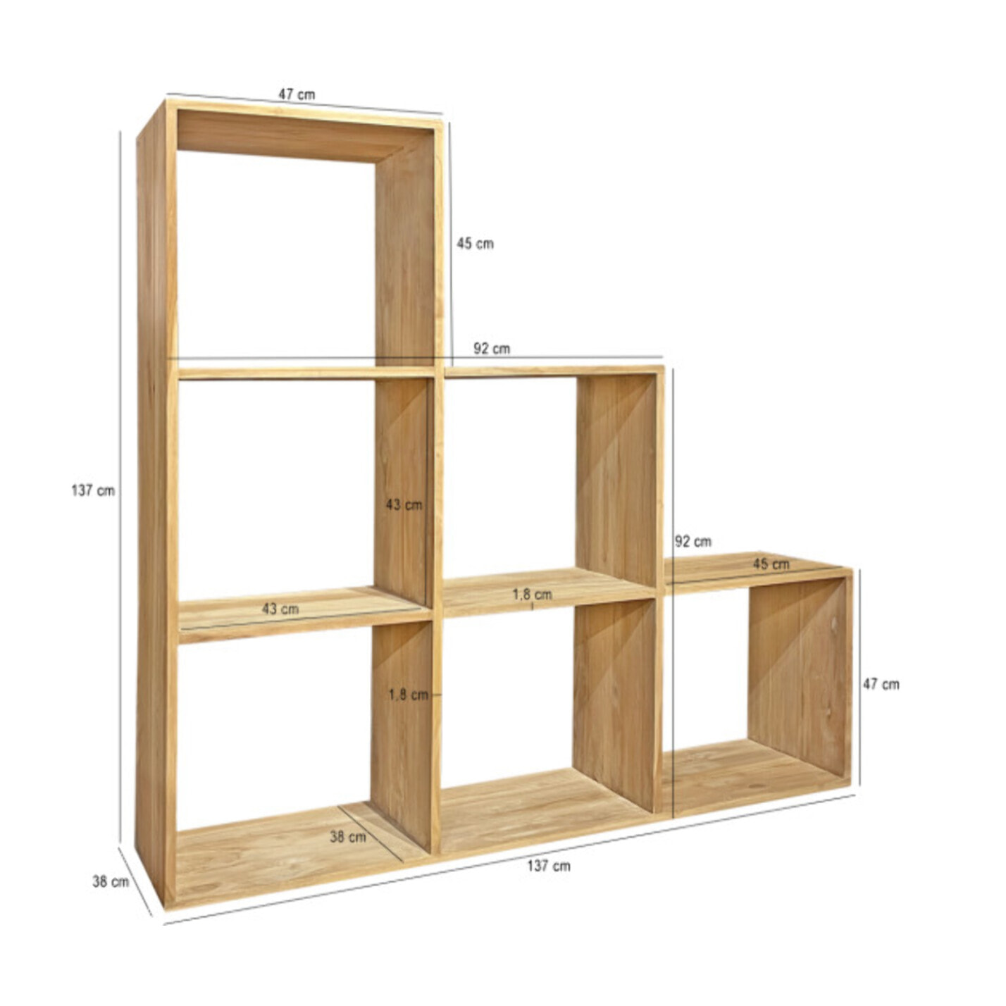 Etagère escalier 6 cases carrée de rangement bois de teck massif - ROMA