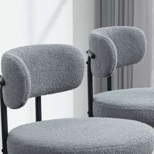 Lot de 2 chaises de salon style néo-rétro - assise ronde, dossier enveloppant - acier noir effet laine bouclée gris