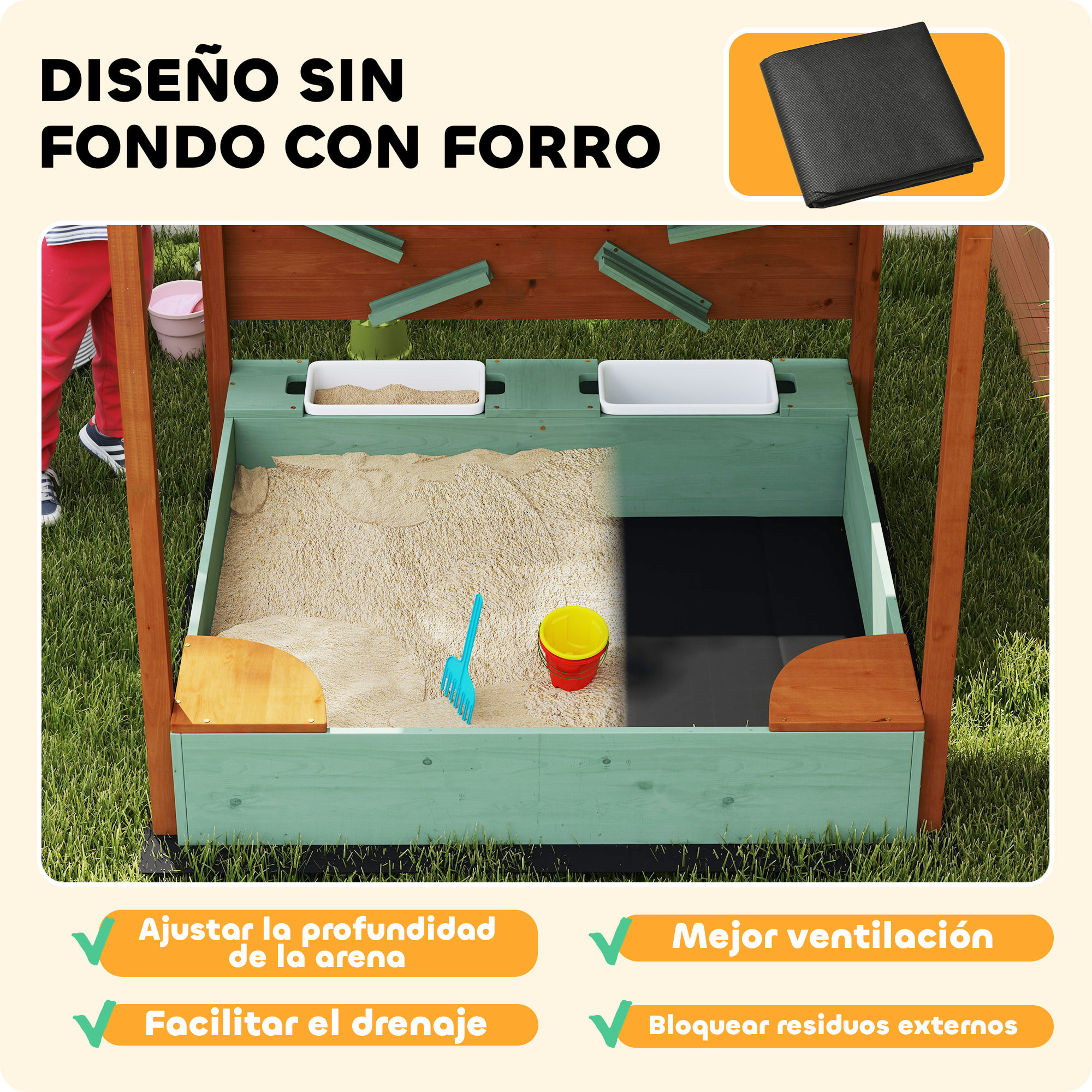 Arenero para Niños de Madera con Techo, Arenero Infantil con 2 Asientos, 2 Cajas, Grifo, Embudo, Caja de Arena para Niños de 3-6 Años, para Patio, Jardín, Balcón, 116x112,5x128 cm, Verde