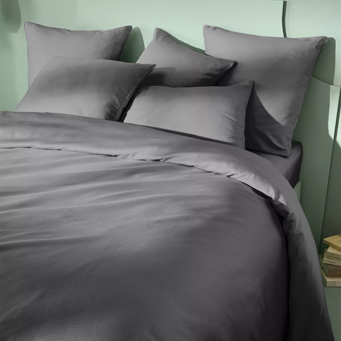 Housse de couette satin de coton motif jacquard anthracite Vibrato metal