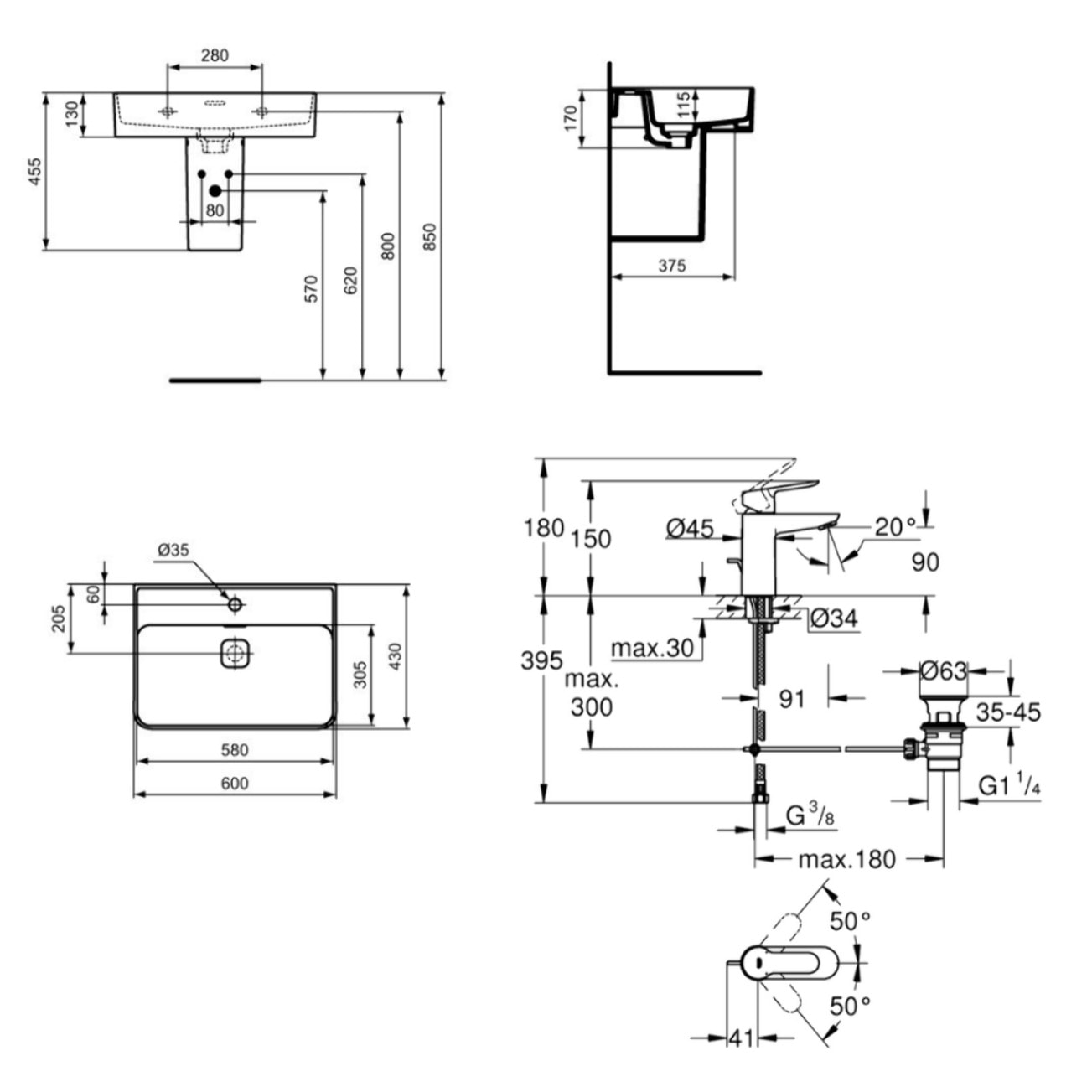 Strada II lavabo 600x430 mm 1 trou + Grohe mitigeur monocommande lavabo taille S, chrome (T300001G23328000)