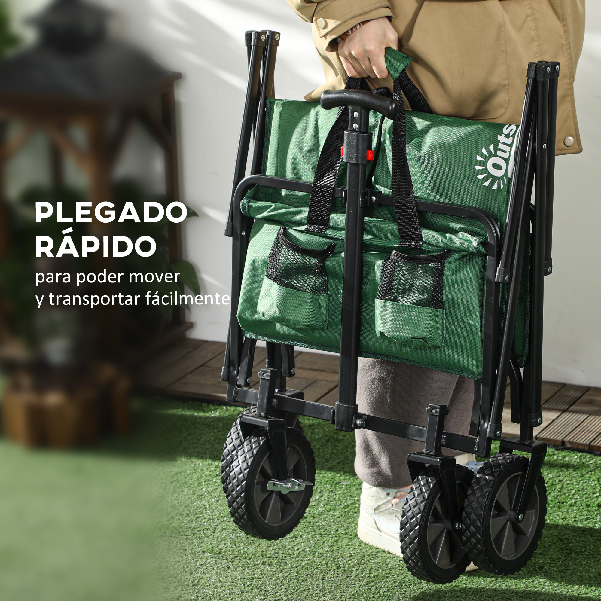 Carro Plegable Carretilla de Transporte con Mango Ajustable Rueda Universal Freno para Playa Jardín Camping Marco Acero Carga 40 kg 83x50x69-99 cm
