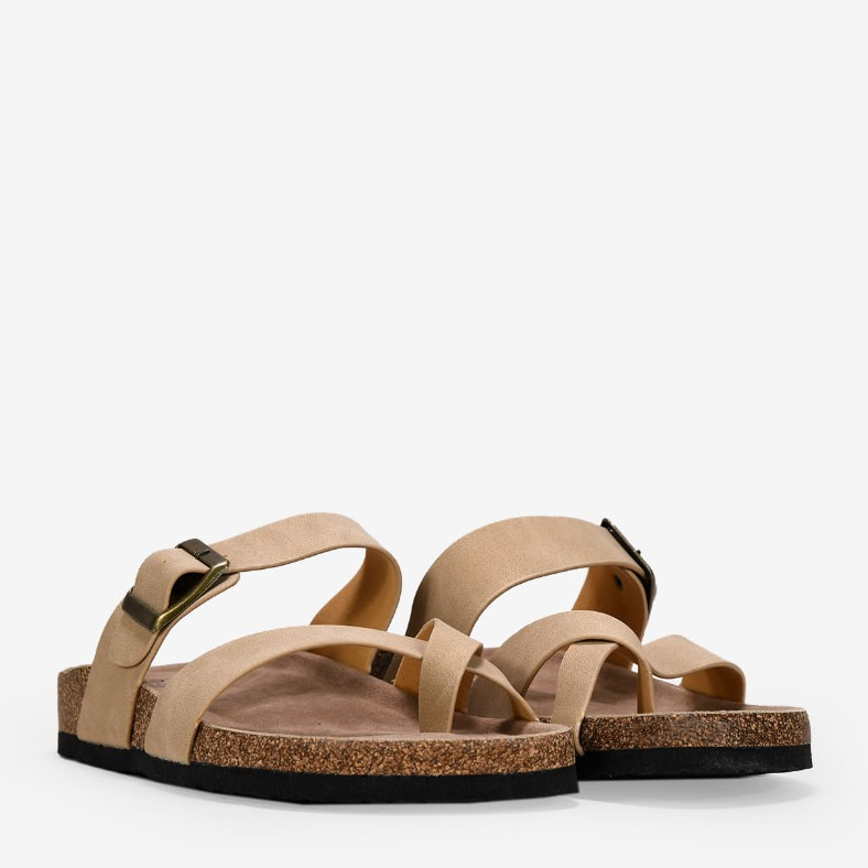 Sandalias de dedo planas beige con suela de corcho