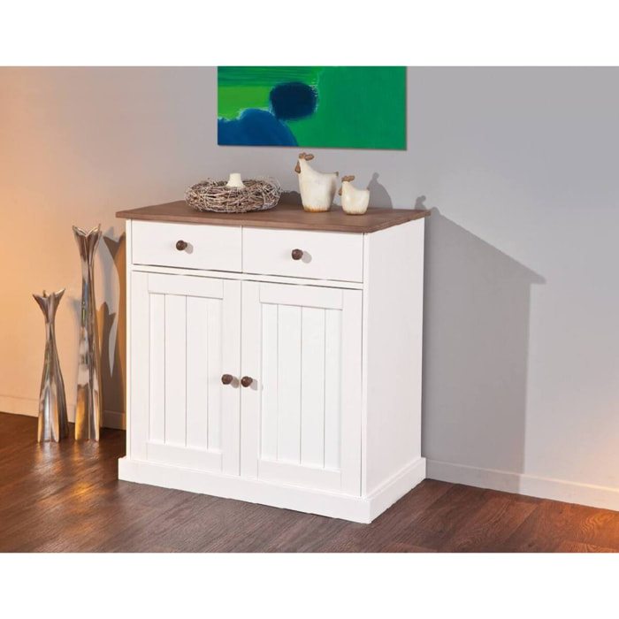 Credenza a due ante e due cassetti, colore bianco e marrone, cm 90 x 86 x 45.