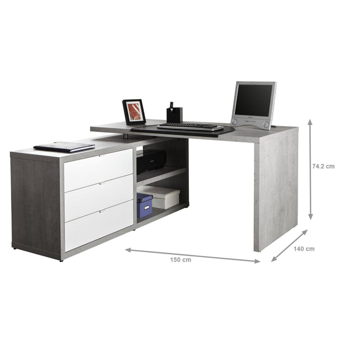 Scrivania angolare con tre cassetti e due ripiani, 140 x 150 x 74.2, Bianco