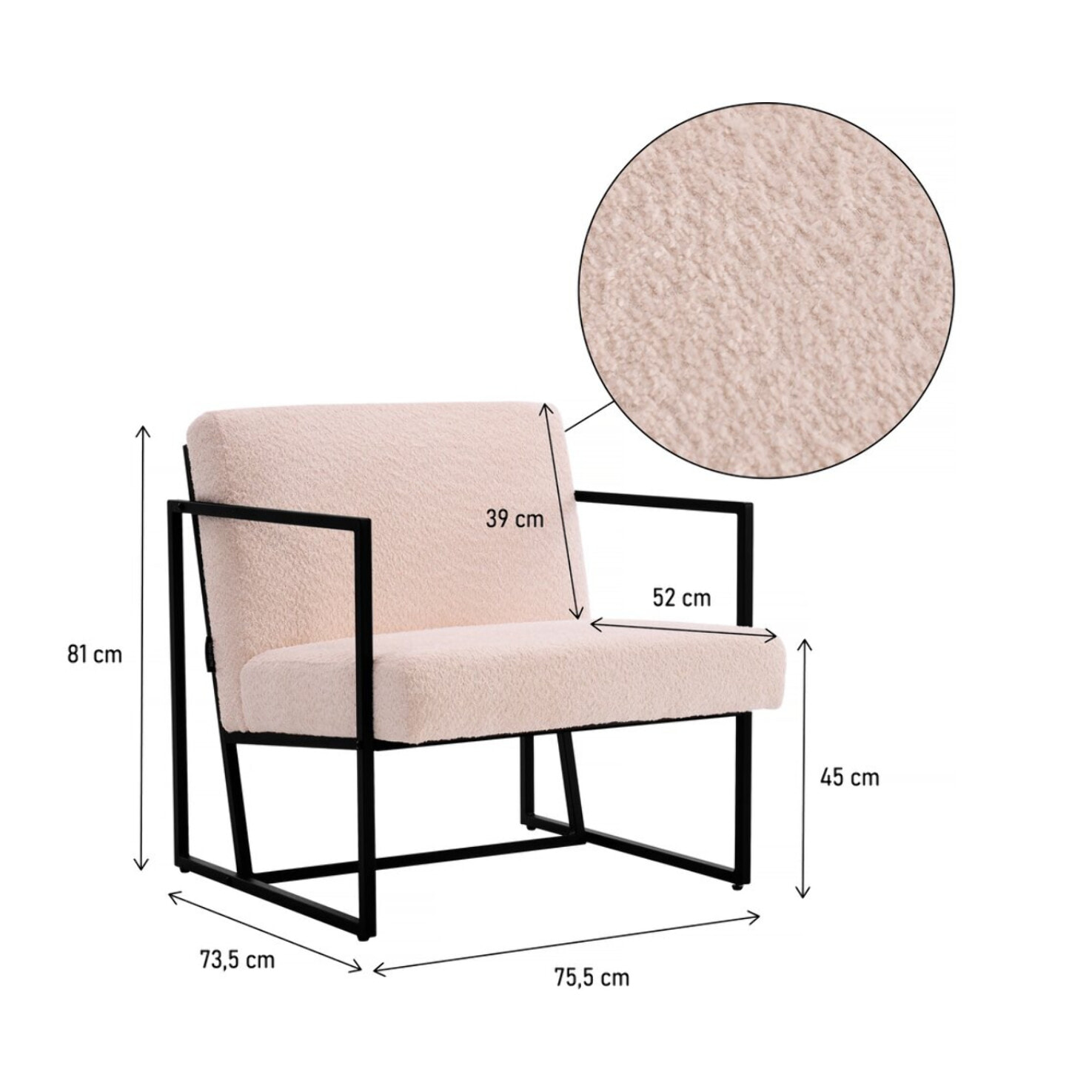 Fauteuil "Kennedy" en velours et métal - 73. 5 x 75.5 x 81 cm - Crème