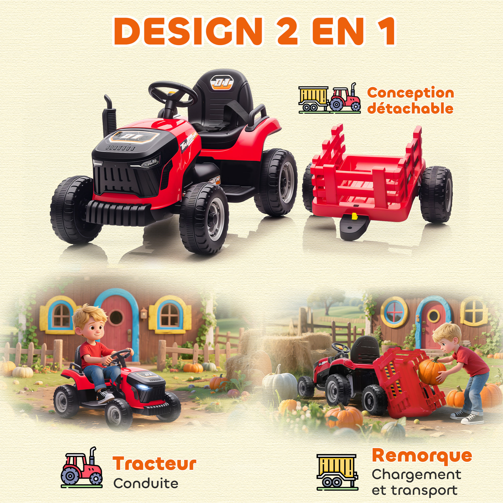 Tracteur électrique enfant avec remorque amovible et télécommande - effets sonores et lumineux - rouge