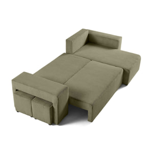 Topaze - canapé d'angle réversible 4 places - convertible avec coffre, tablette et poufs - en velours côtelé - Vert Kaki