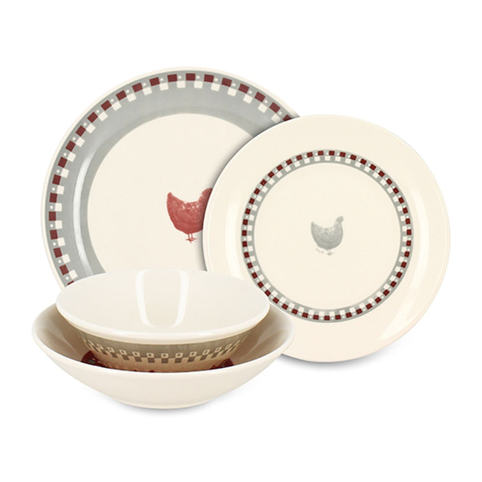 Service de table 48 pièces en grès avec imprimé poule GALLINA