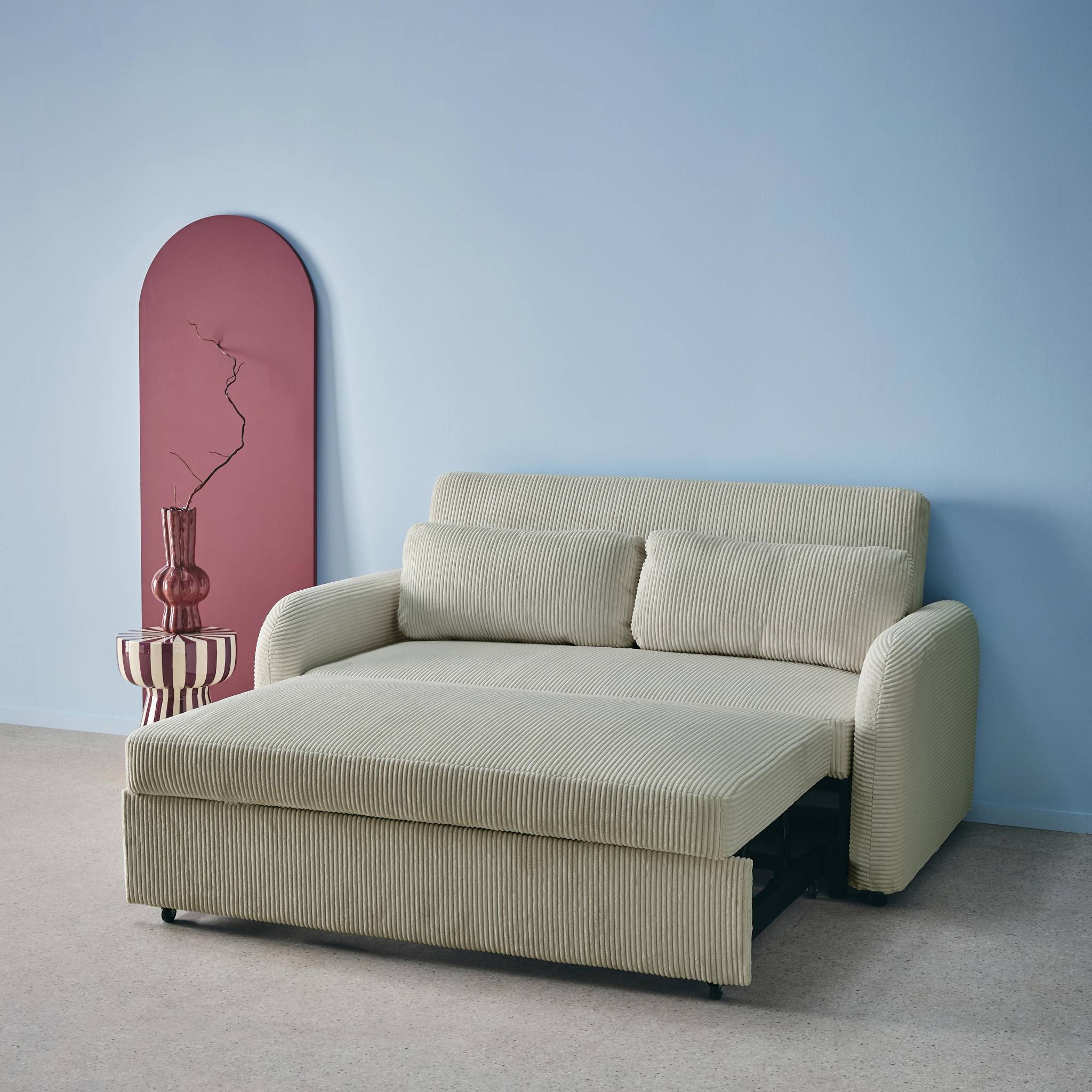 Canapé convertible arrondi 2 places velours côtelé gris clair L 168 x P 90 x H 88cm - Lino