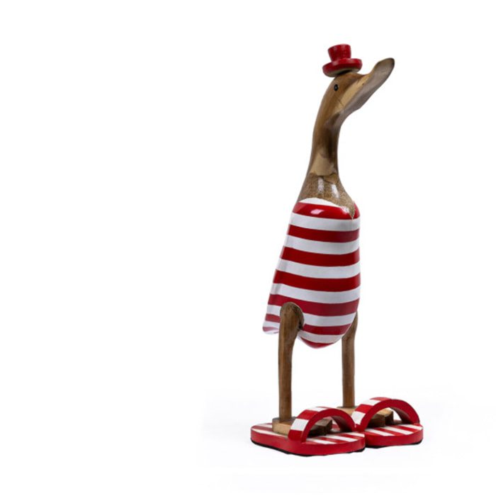 Statue H. 40 cm canard maillot rouge et blanc rayé en bois de teck - DUCK