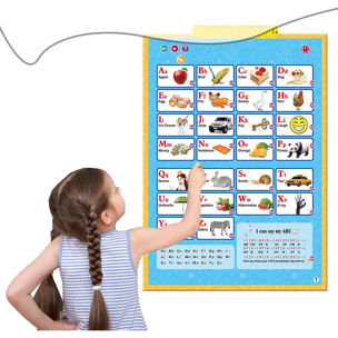 Libro de aprendizaje inglés con sonidos y pizarra.
