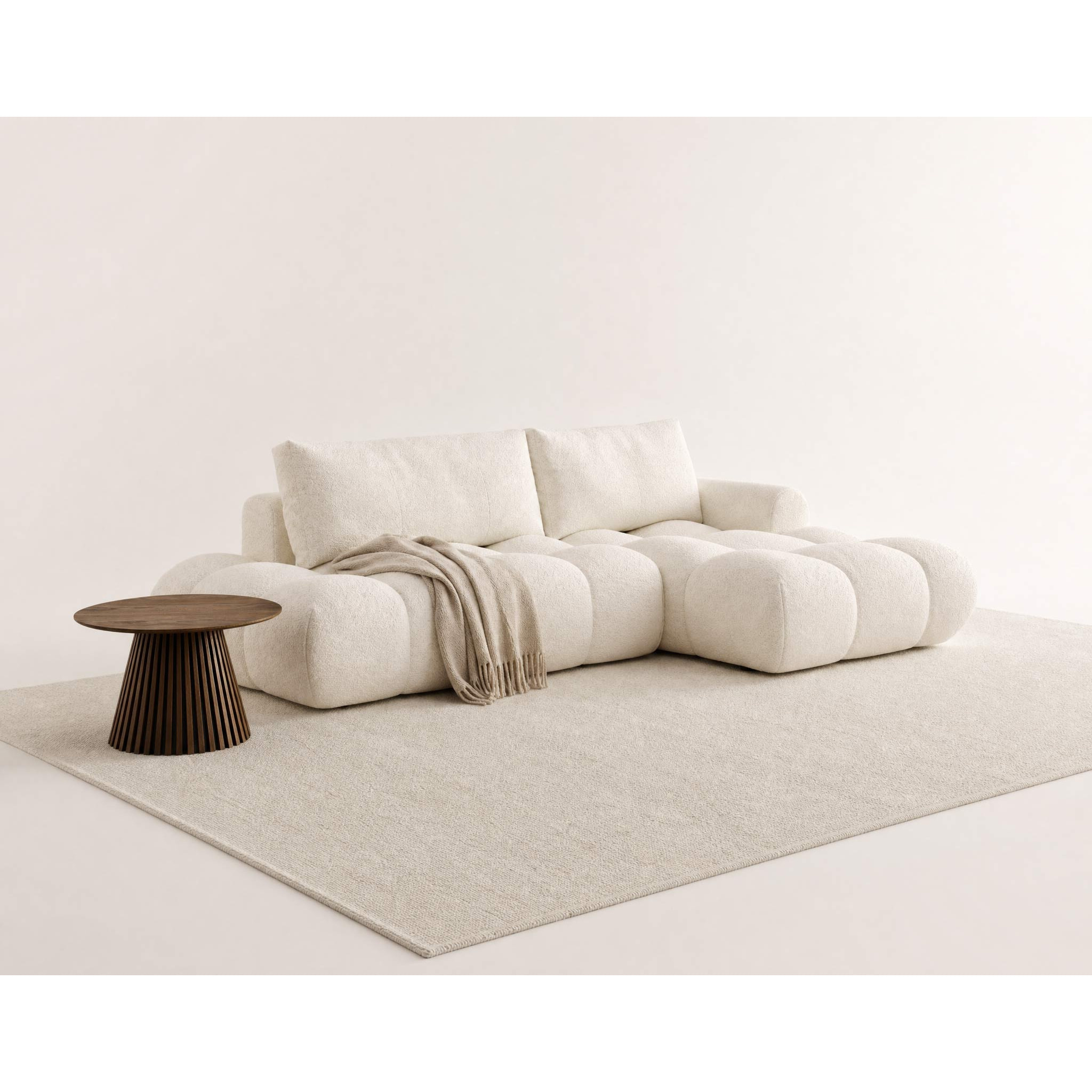 Yulin - Canapé d'angle ouvert droit 4 places convertible avec coffre en tissu bouclette - Beige