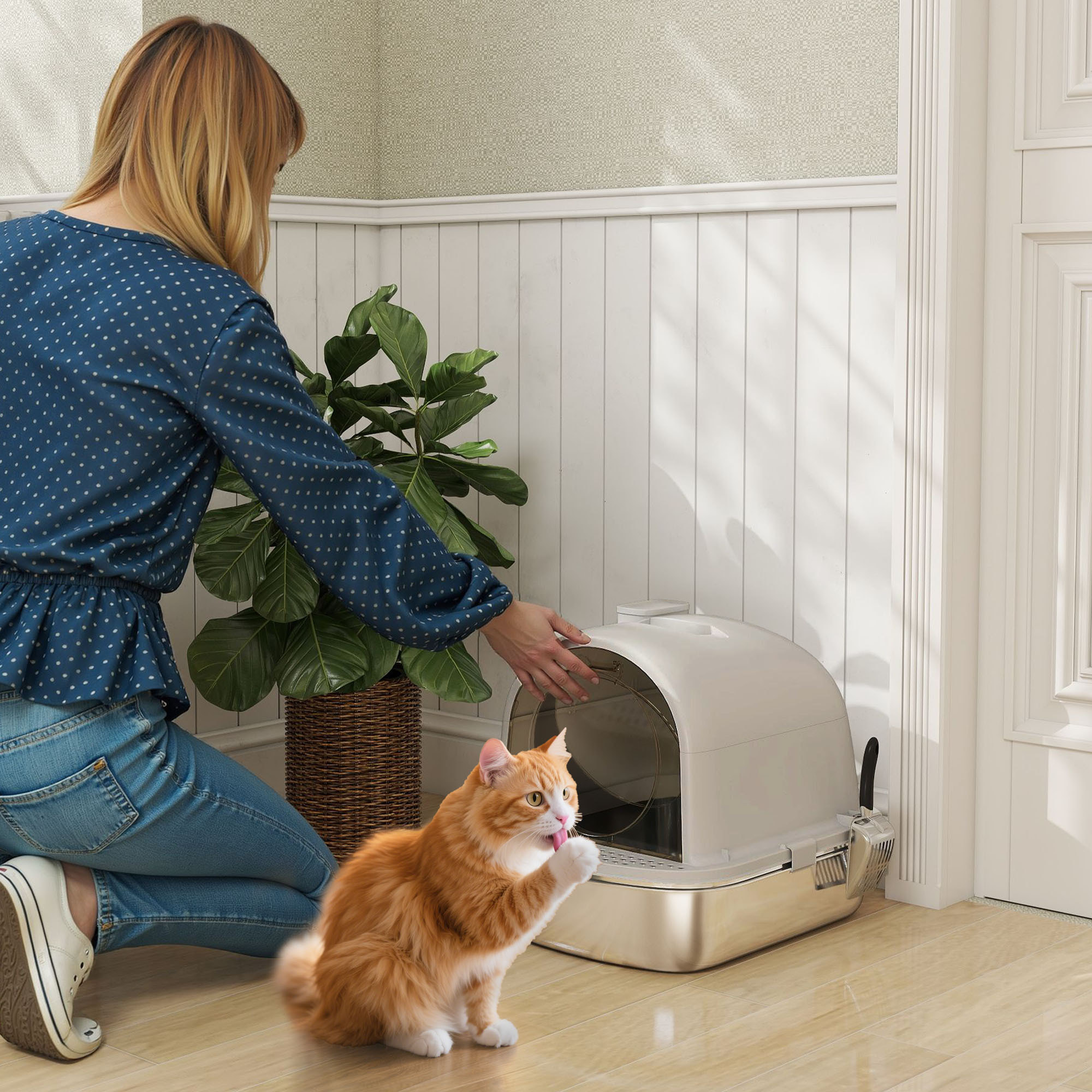 Arenero para Gatos de Acero Inoxidable con Cubierto Caja de Arena para Gatos Arenero con Bolsa Desodorizante Pala Fácil de Limpiar 52,4x41,3x39,9 cm Gris