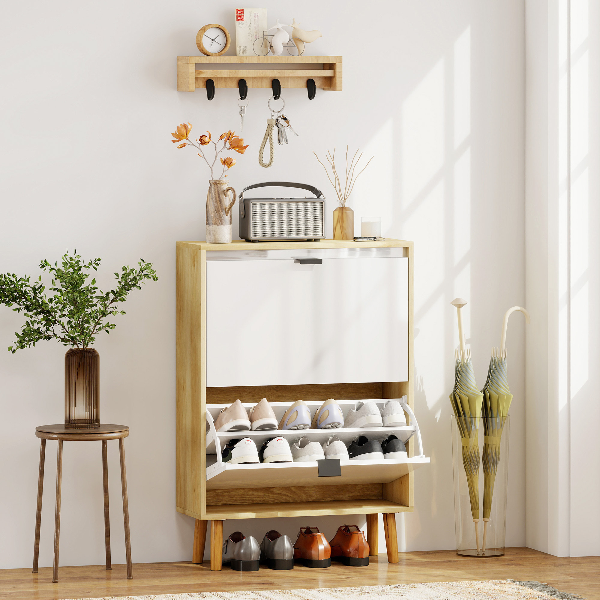 Zapatero Estrecho con 2 Puertas en Blanco Brillo, Zapatero Entrada Recibidor con Estantes Ajustables Patas de Madera, para 12 Pares de Zapatos, 60x24x91 cm Blanco