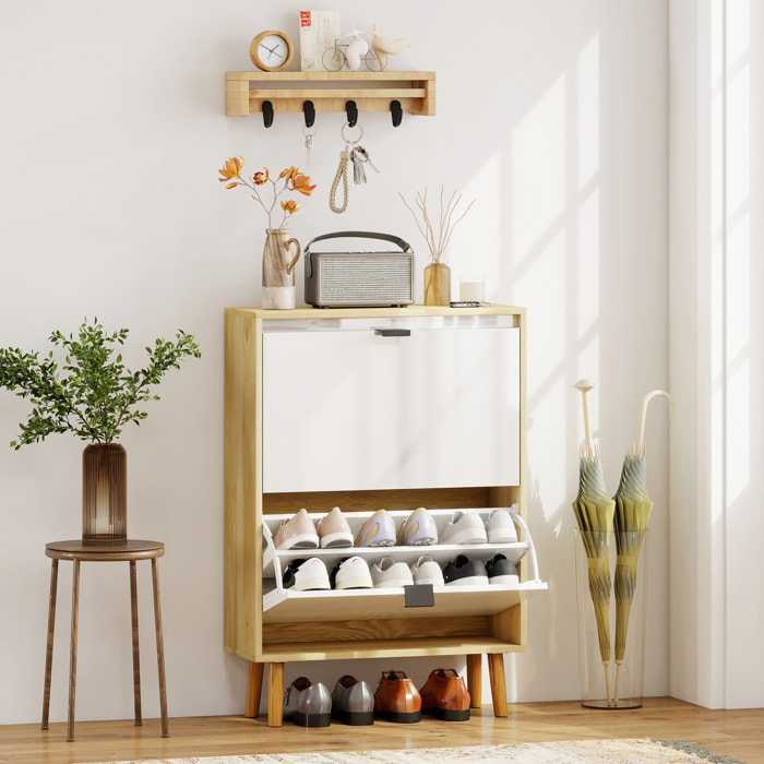Zapatero Estrecho con 2 Puertas en Blanco Brillo, Zapatero Entrada Recibidor con Estantes Ajustables Patas de Madera, para 12 Pares de Zapatos, 60x24x91 cm Blanco