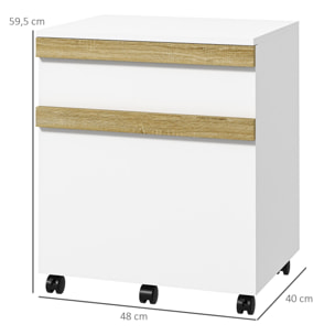 Caisson de bureau rangement bureau sur roulettes tiroir coulissant et tiroir dossiers suspendus blanc aspect chêne clair