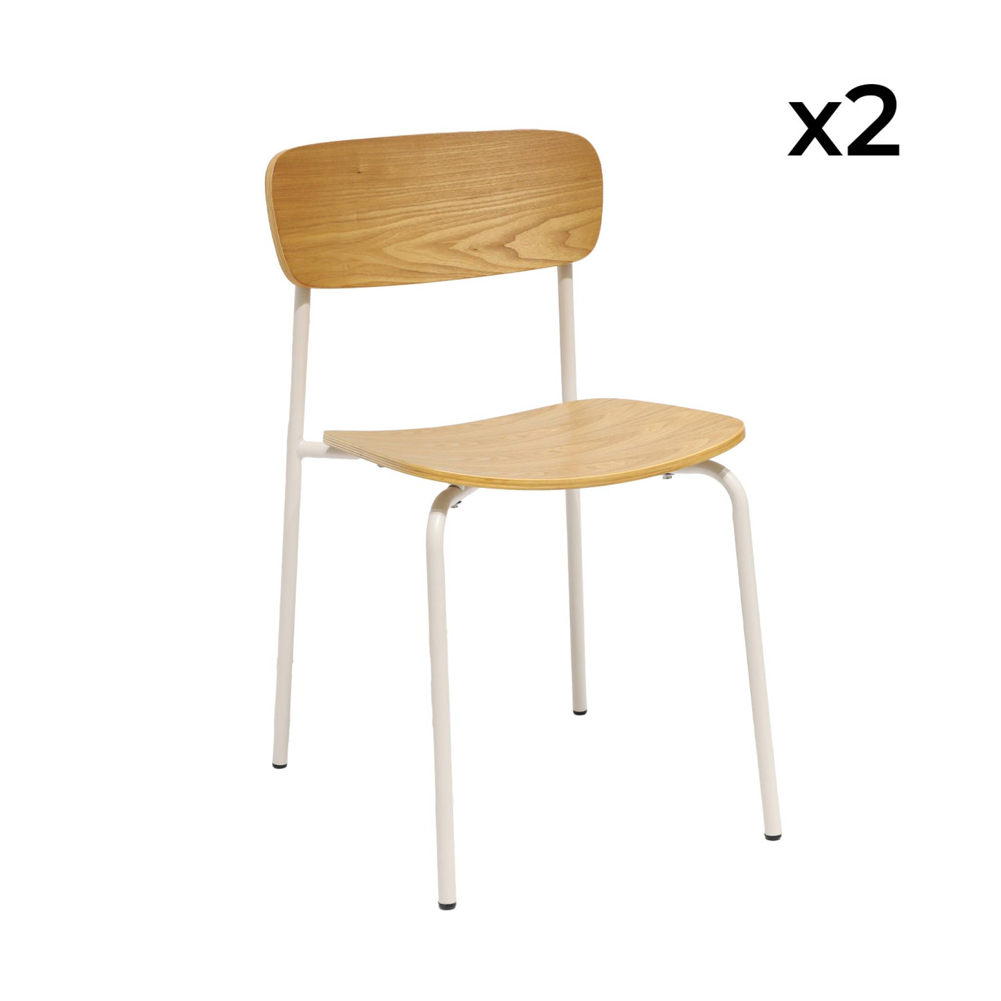 Lot de 2 chaises vintage contreplaqué avec placage bois effet frêne et pieds métal beige L 43.5 x P 51 x H 77cm - Toby