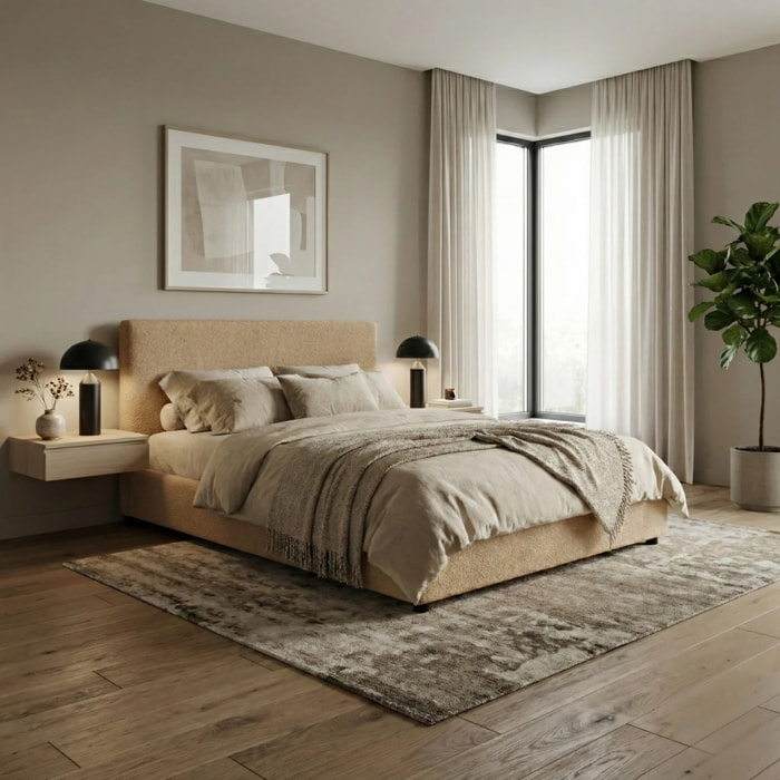 Lit coffre Colisée avec tête de lit | Robuste et confortable | Montage simple rapide | Bouclette | Camel