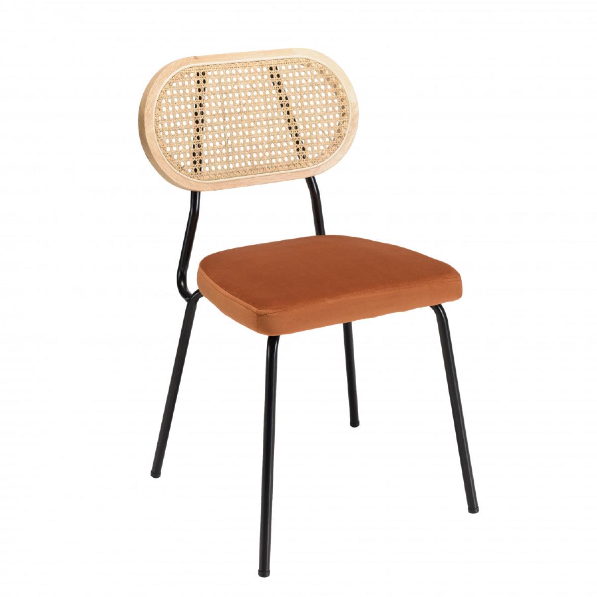ALBANE - Lot de 2 chaises métal noir assise velours orange ambré dossier rotin