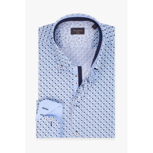 Camicia Uomo 2 Bottoni Button Down Slim Popeline Stampato Bianco/Celeste