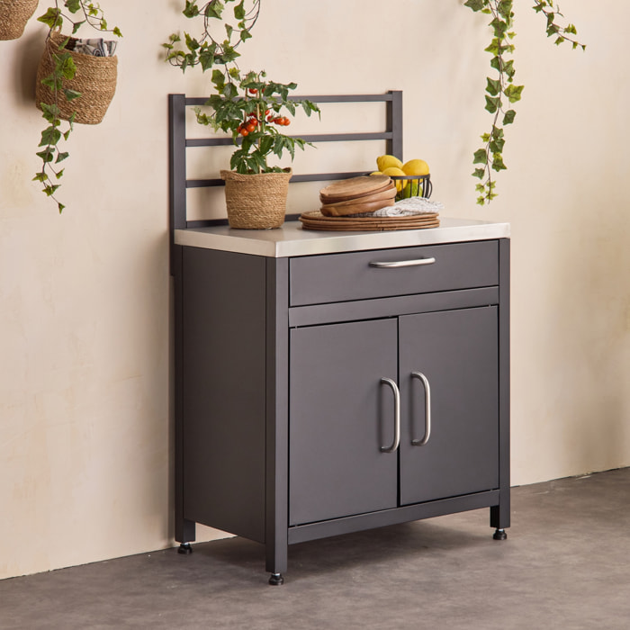 Module de cuisine extérieure acier 1 tiroir 2 portes + grille de suspension L80cm GRIMAUD