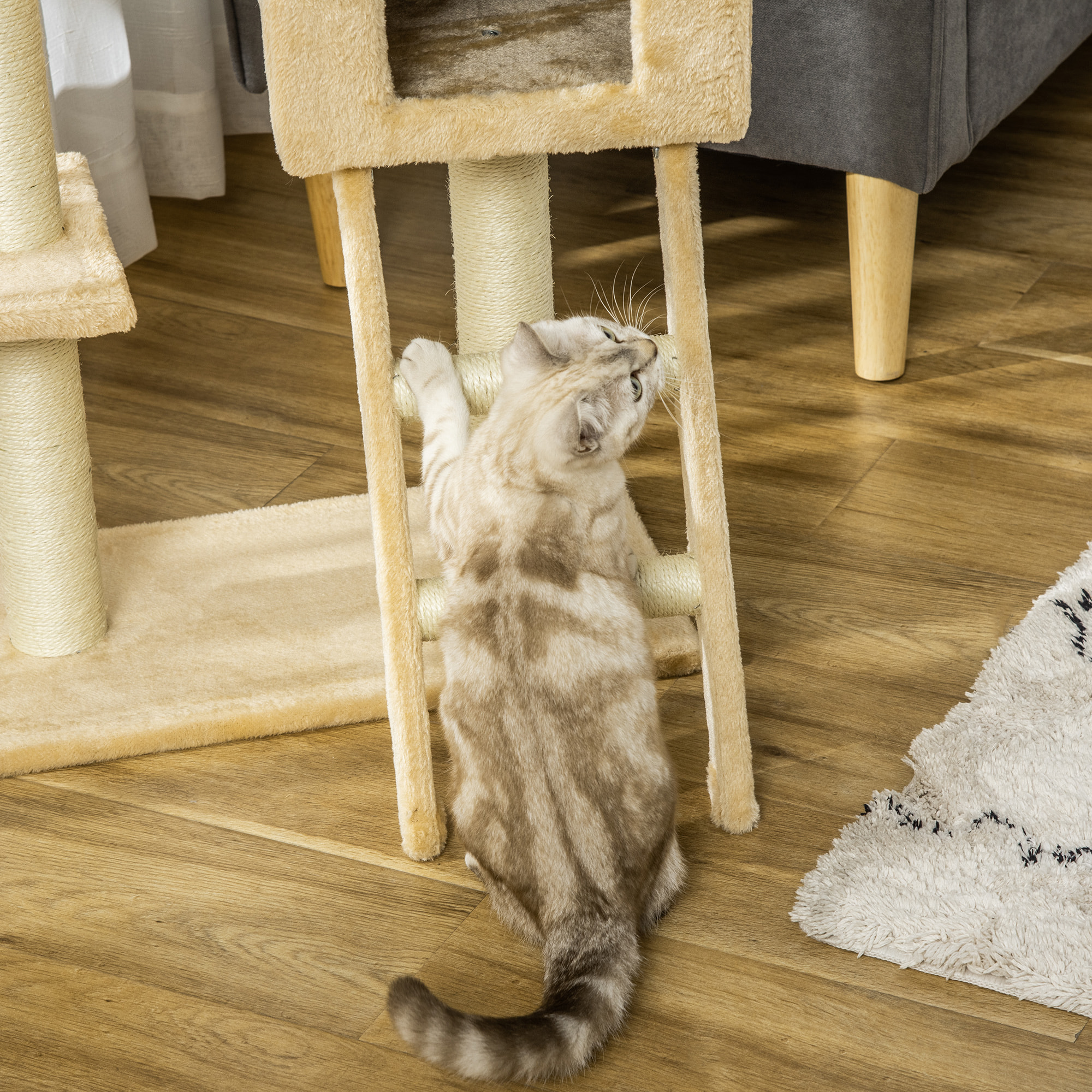 árbol Rascador para Gatos 98 cm con Cueva Hamaca Escalera Postes de Sisal Beige