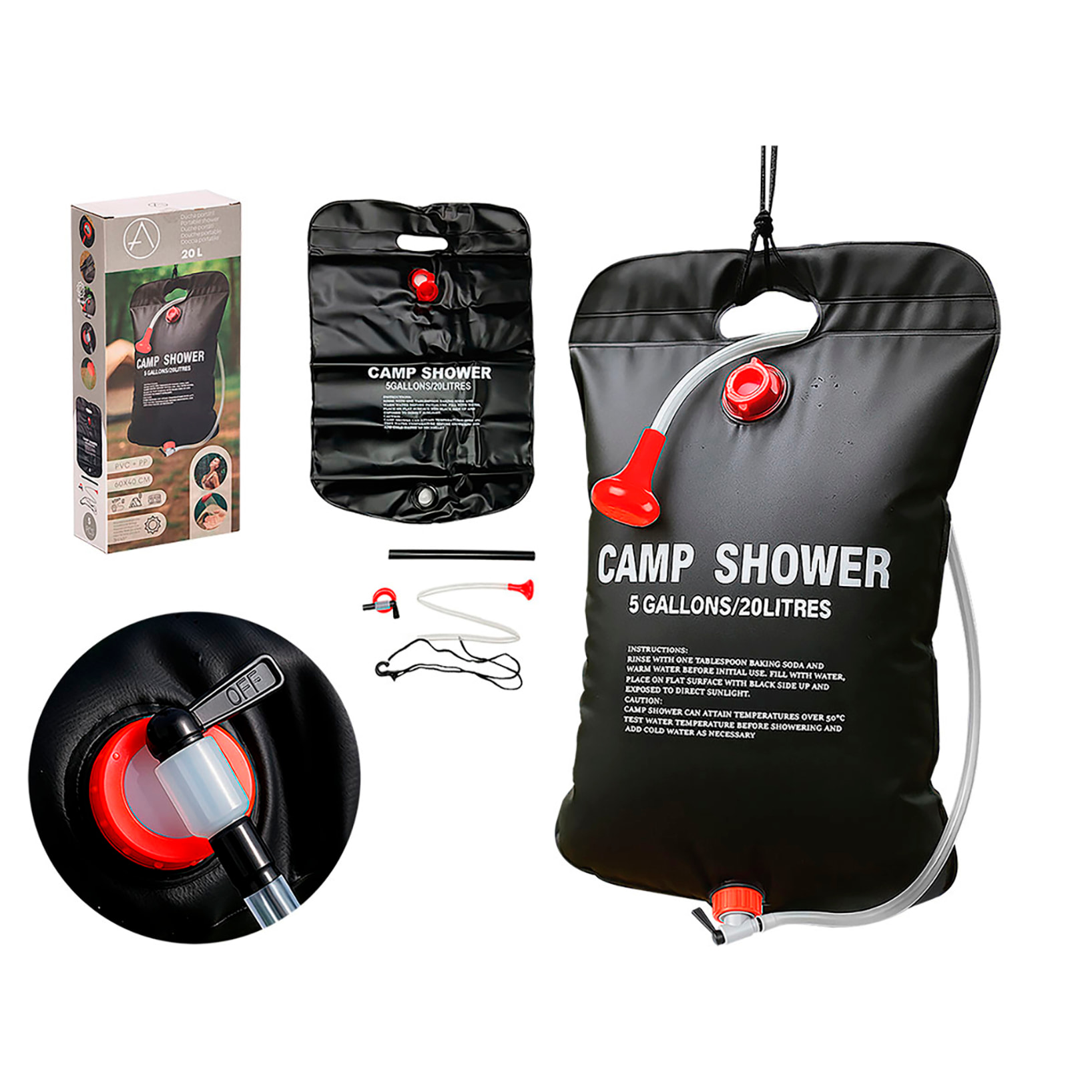 Ducha portatil con 20L de capacidad con cuerda para colgar.