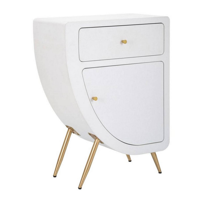 Comodino Suze, Comò basso, Tavolino da notte, Mensola da letto, Bianco e Oro, 60x32 h79 cm
