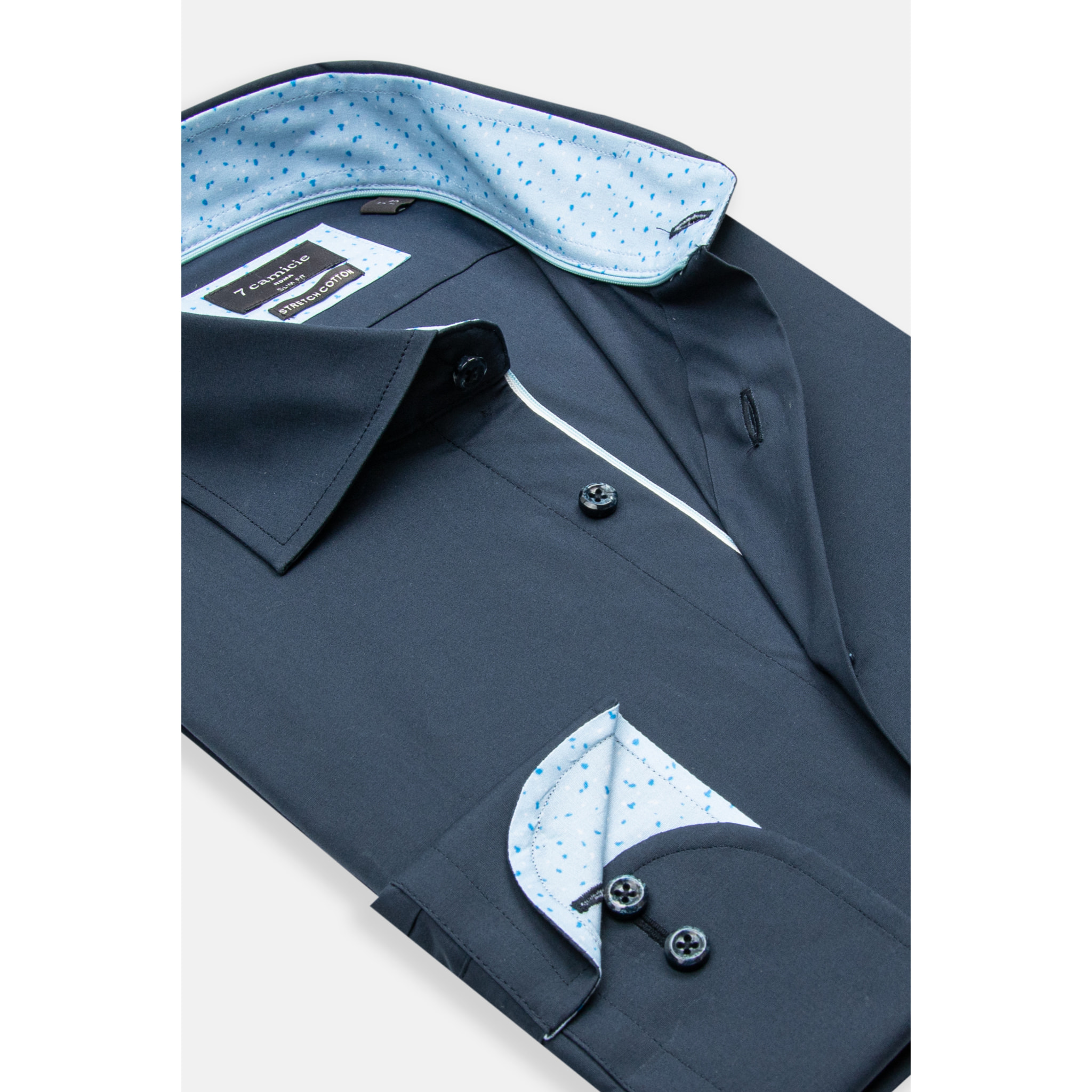 Camicia Uomo 1 Bottone Francese Slim Popeline Stretch Unito Blu