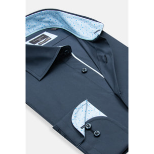 Camicia Uomo 1 Bottone Francese Slim Popeline Stretch Unito Blu