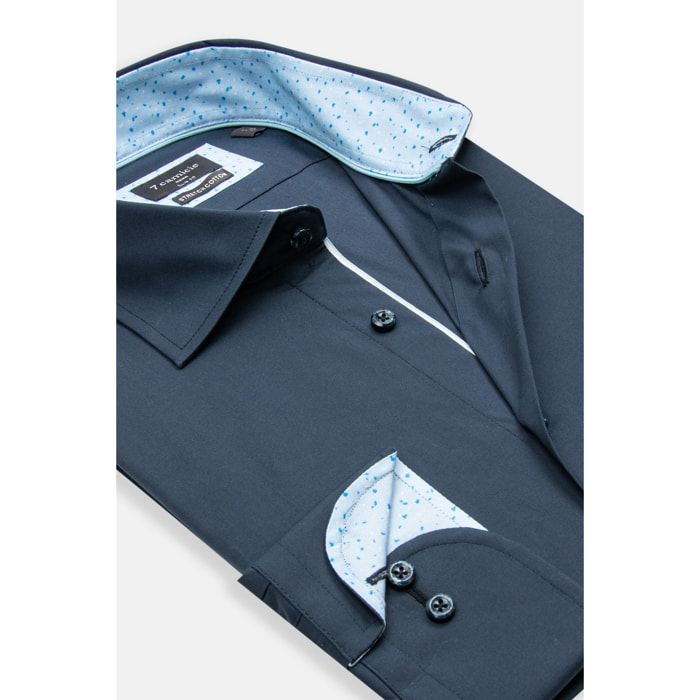 Camicia Uomo 1 Bottone Francese Slim Popeline Stretch Unito Blu