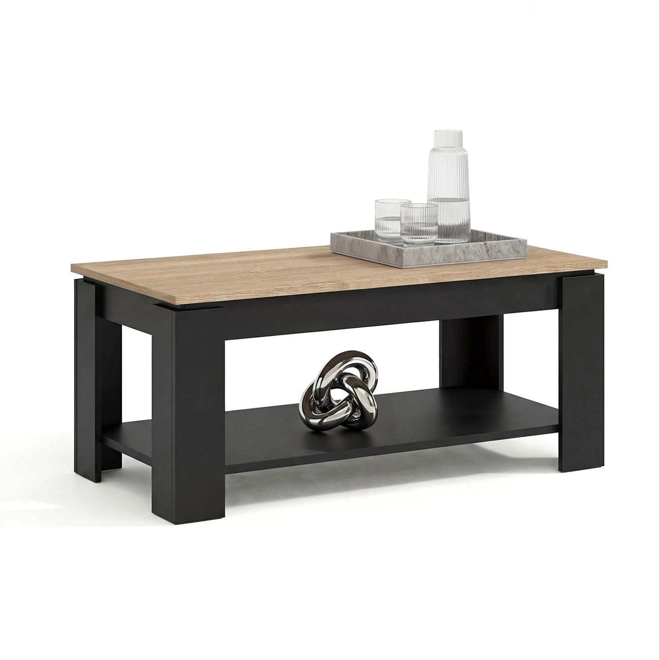Mesa de centro elevable con almacenaje en negro mate y roble canadian 102x43-54 cm Lya Negro Mate - Roble Canadian