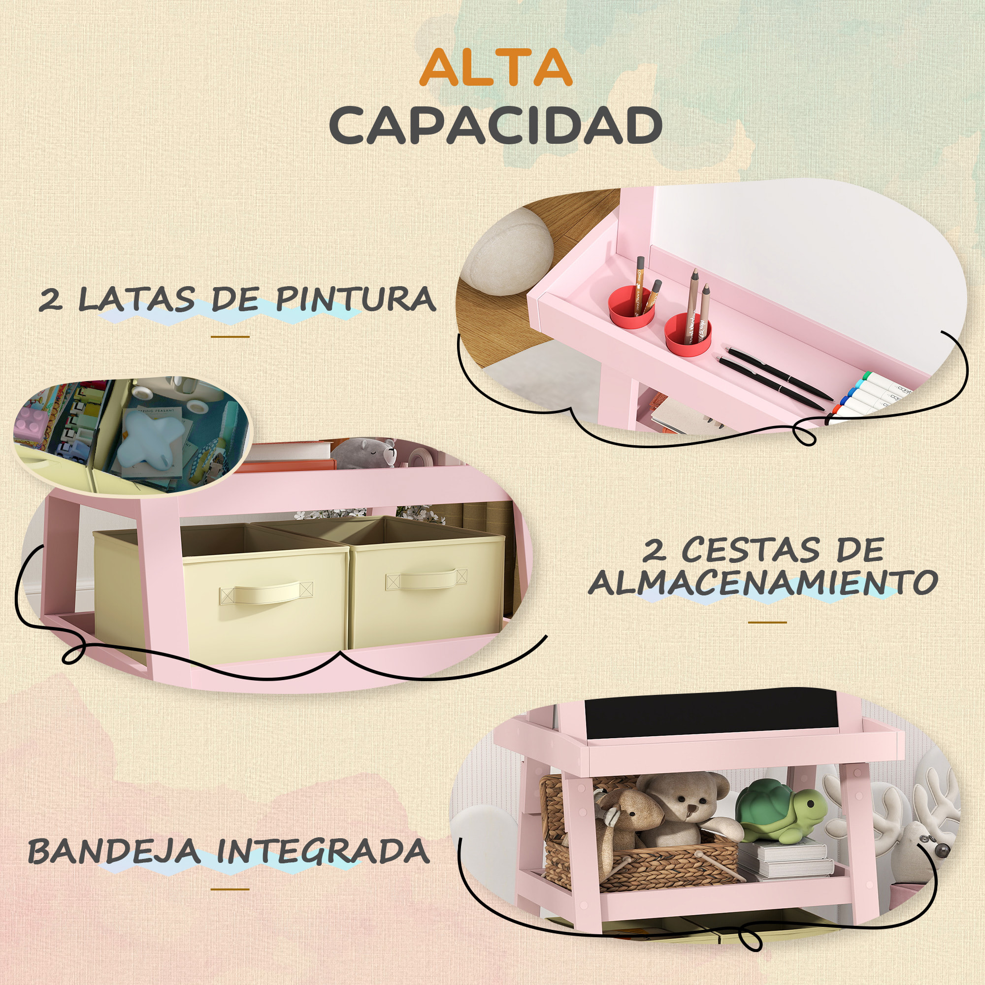Pizarra Infantil Caballete 3 en 1 Pizarra Infantil de Doble Cara Magnética Caballete de Pintura para Niños con Rollo de Papel y Cestas de Almacenamiento 59x48x118 cm Rosa Palo