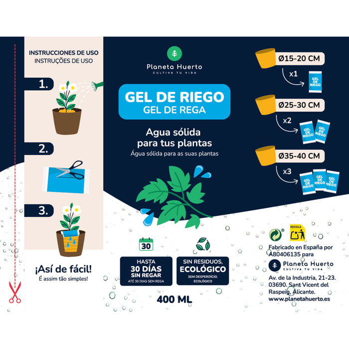 PLANETA HUERTO | Gel de Riego 400 ml – Hidratación Prolongada para Plantas, Ideal para Vacaciones y Climas Secos