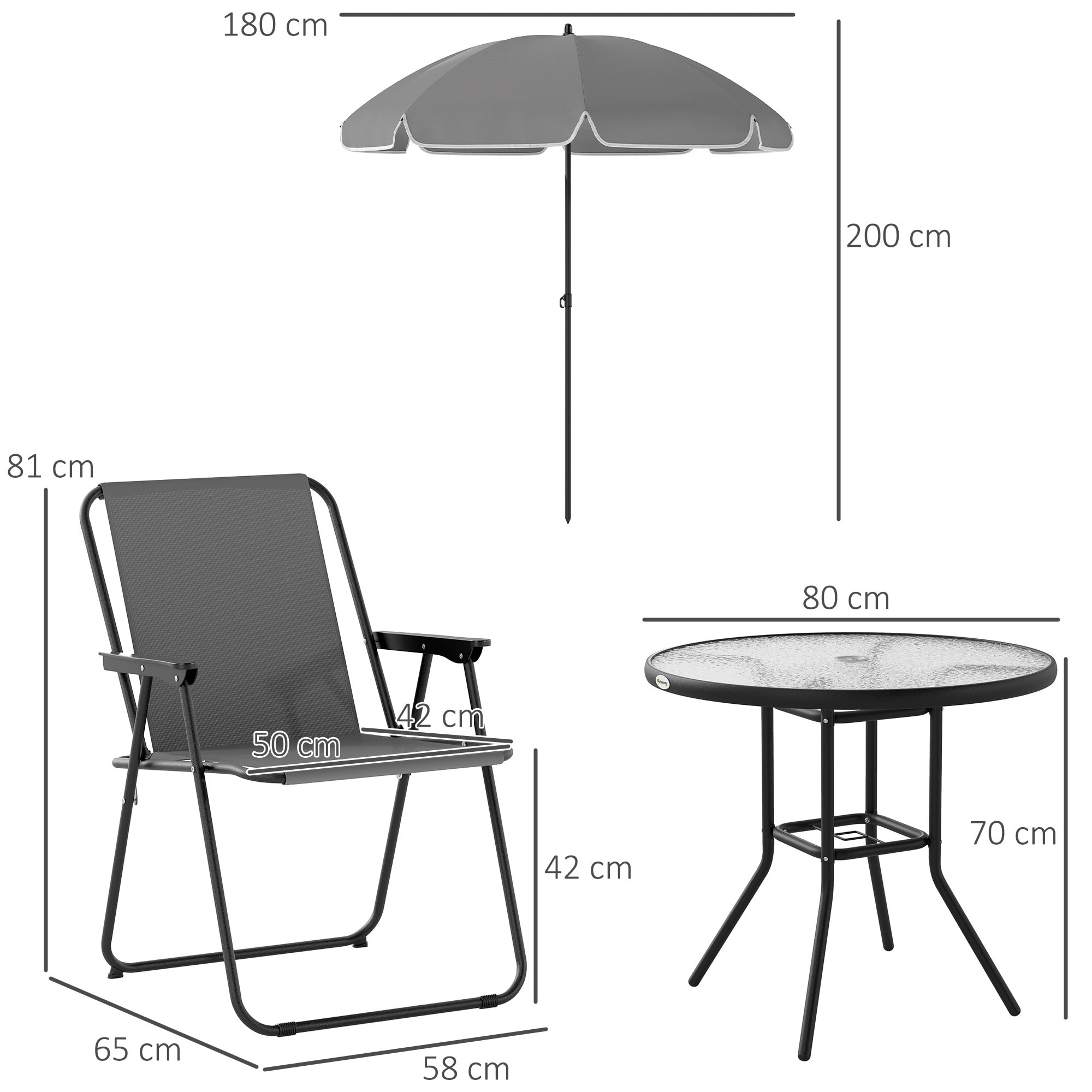 Conjunto de Mesa y Sillas Jardín de 6 Piezas Muebles de Jardín Exterior con 4 Sillas Plegables Mesa de Vidrio y Sombrilla para Terraza Patio Gris
