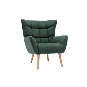 Fauteuil scandinave tissu effet velours texturé vert foncé et bois clair AVERY