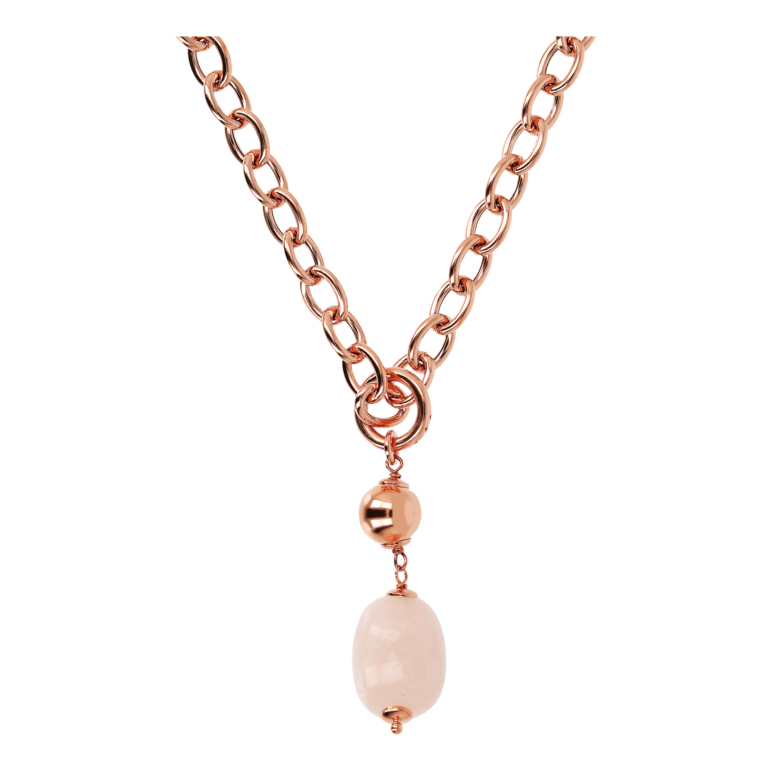 Collana Lunga Catena Rolo e Pendente con Sfera Lucida e Quarzo Rosa