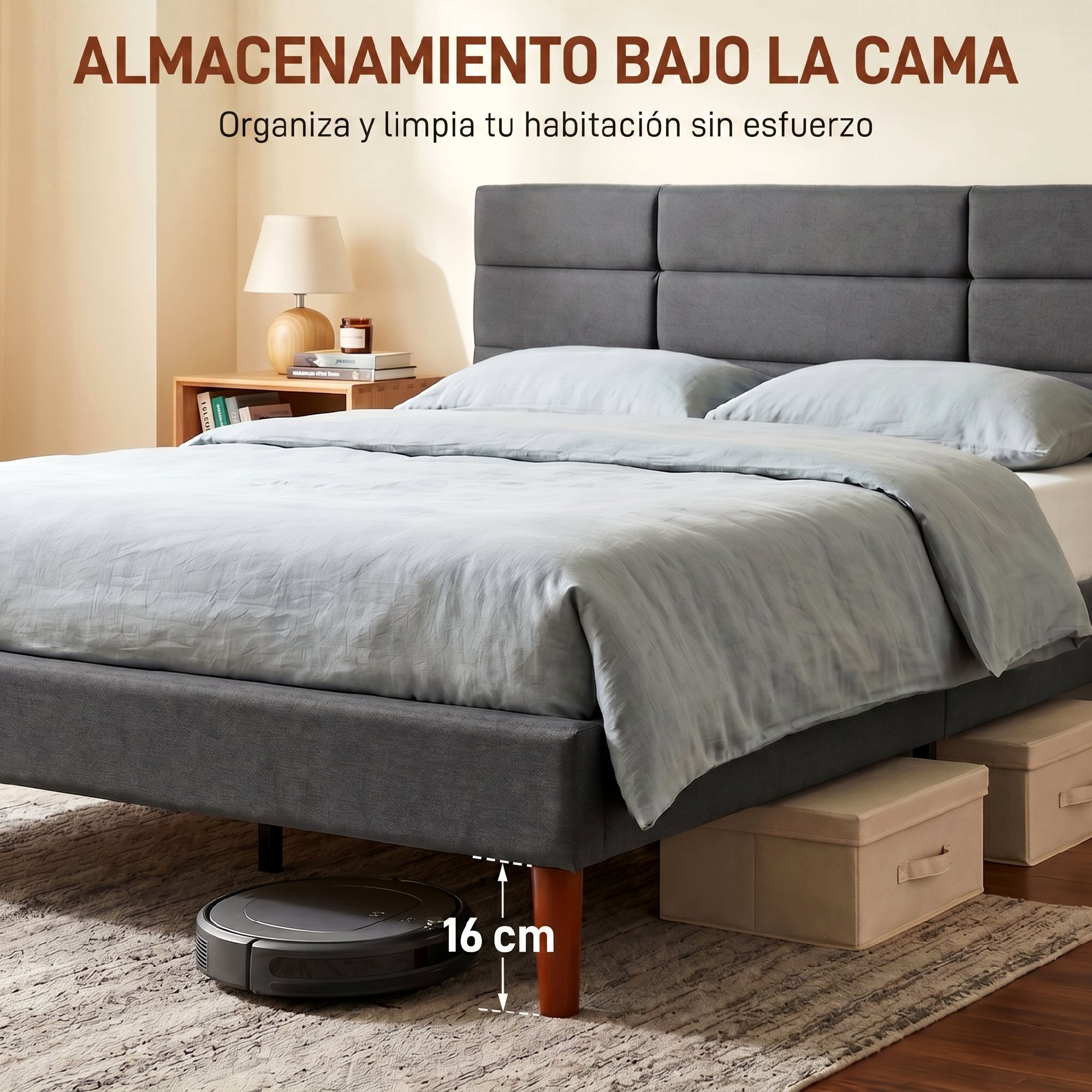 HOMCOM Cama Tapizada 140x200 cm con Cabecero Acolchado de Rejilla y Almacenaje Inferior, Marco de Cama Doble con Láminas de Madera, Diseño Moderno, Fácil Montaje, Gris