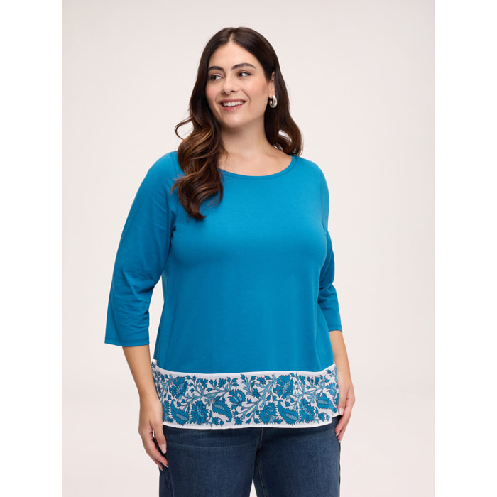 Fiorella Rubino - T-shirt in cotone con bordo stampato - Ottanio