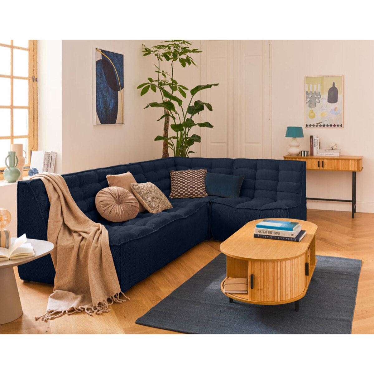 Ellie - canapé modulable d'angle réversible 4 places en velours texturé - Bleu marine