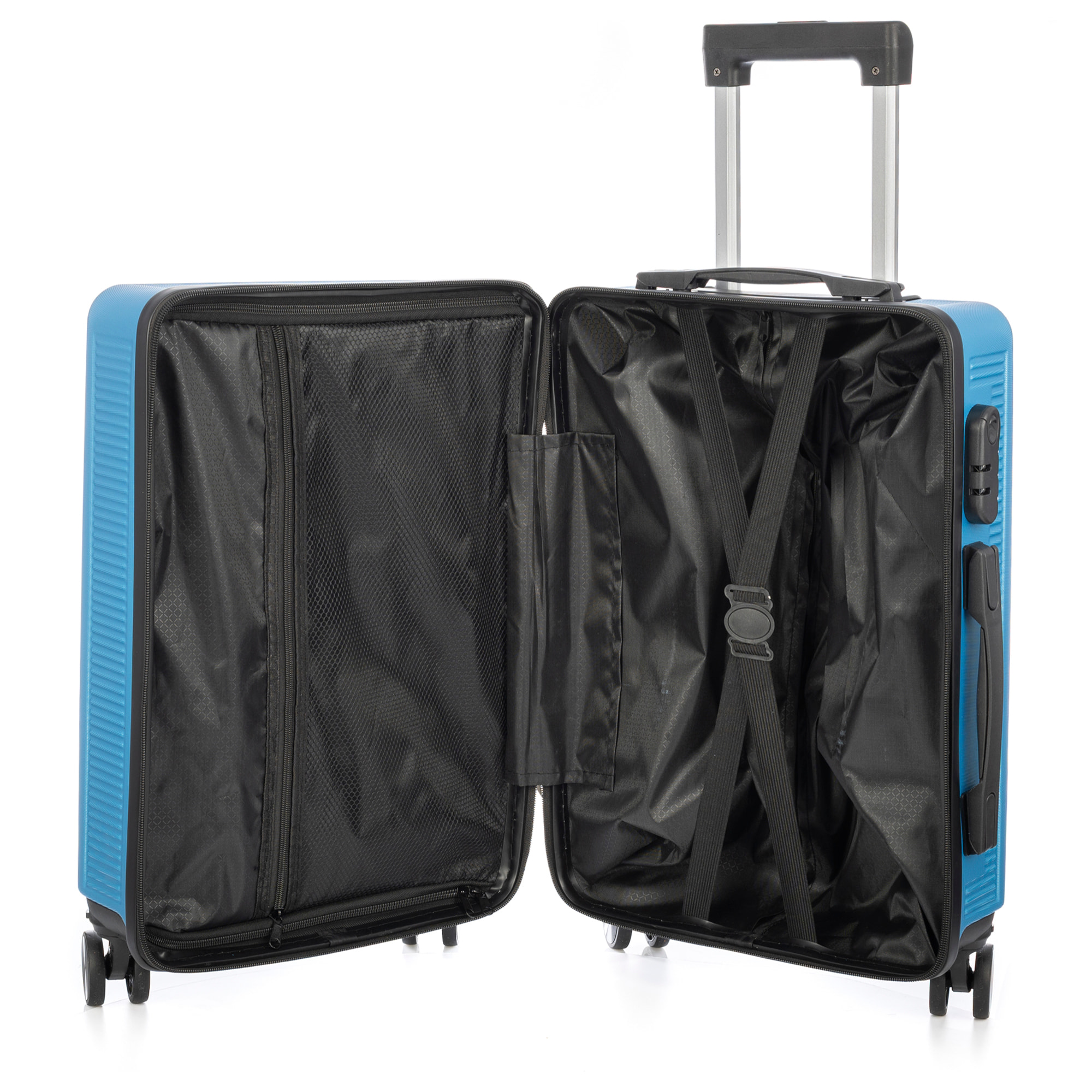DAM Set di 3 valigie Trolley, in materiale leggero ABS ad alta resistenza. Serratura numerica e 4 ruote doppie rimovibili e rotanti a 360°. 50x29x76 Cm. Colore: Blu Denim
