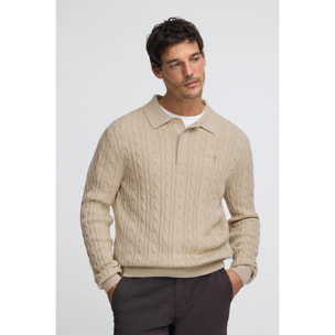 Jersey beige de punto trenzado en mezcla de lana con cuello polo y bordado Rigby Go