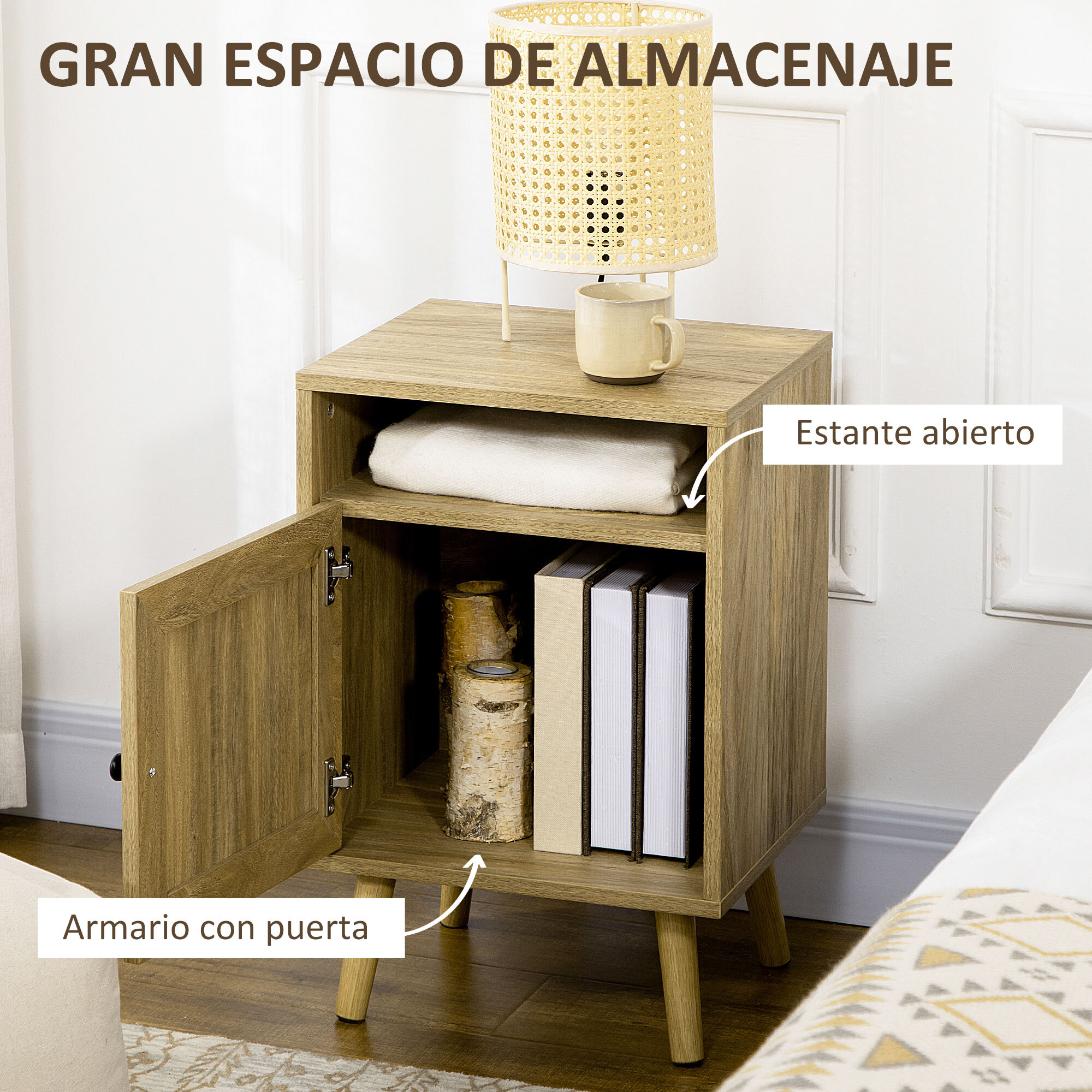 Mesita de Noche Mesilla de Noche con Puerta de Ratán y Compartimiento Abierto Mesa Auxiliar para Dormitorio Salón Cama 39x35x60 cm Natural