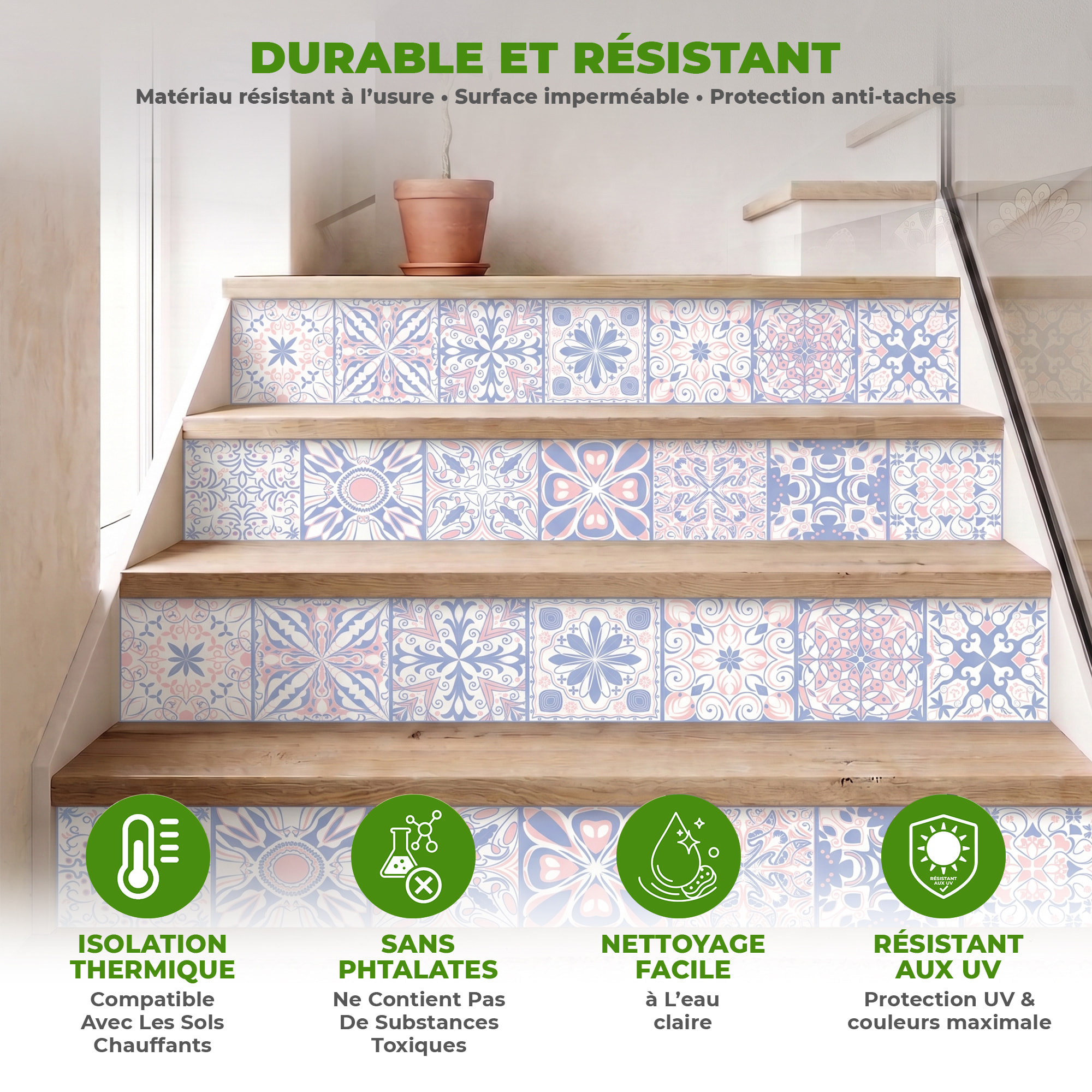 Stickers adhésifs escalier carrelages | Sticker Autocollant contremarche Carreaux de ciment carrelages adhésif - BLEU D'ORIENT